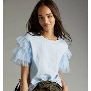 Anthropologie Lea Viola Women Blue Ruffle Tulle Sleeve Blouse Preppy Top XS NWT